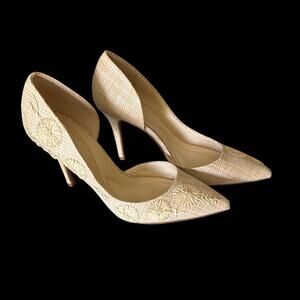 Jessica‎ Simpson Prizma Raffia Floral Embroidered Pointed Toe D’Orsay Heels 8.5